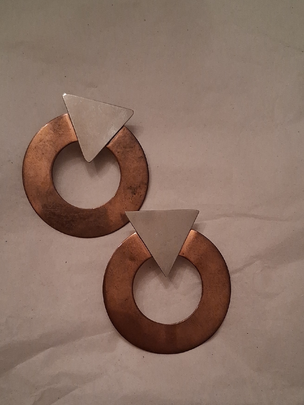 Vintage Mixed Metal Copper Hoop Earrings with Silvertone Triangle Tops